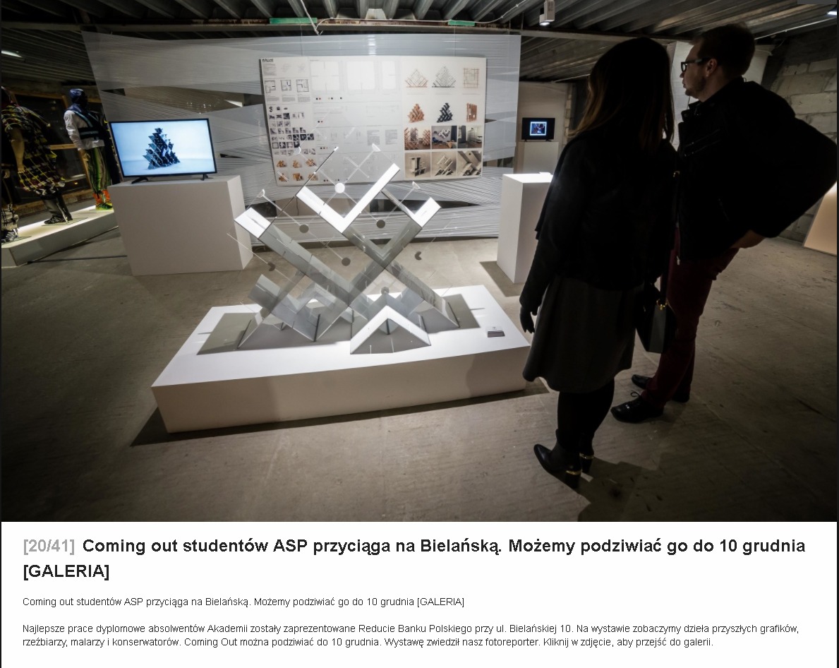Publikacja pokazująca pracę dyplomową Justyny Grodzkiej (designerski parawan) na wystawie najlepszych dyplomów ASP Coming Out