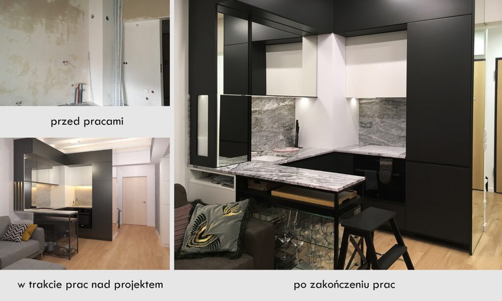 Kuchnia przed projektem, zwizualizowana w trakcie prac i gotowa po wykończeniu.
