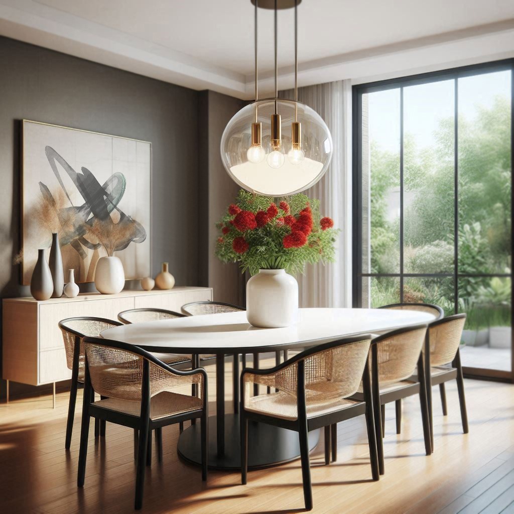 Wizualizacja nowoczesnej jadalni z rattanowymi krzesłami i dekoracjami.