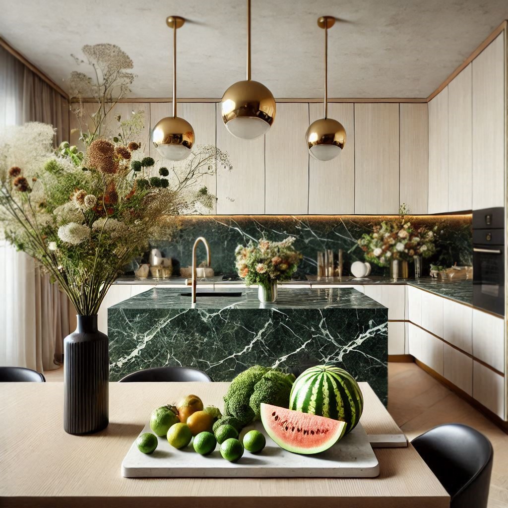 Wizualizacja nowoczesnej kuchni – projekt wnętrza 3D z eleganckim wykończeniem. Połączenie beży, zieleni i złotych dodatków.