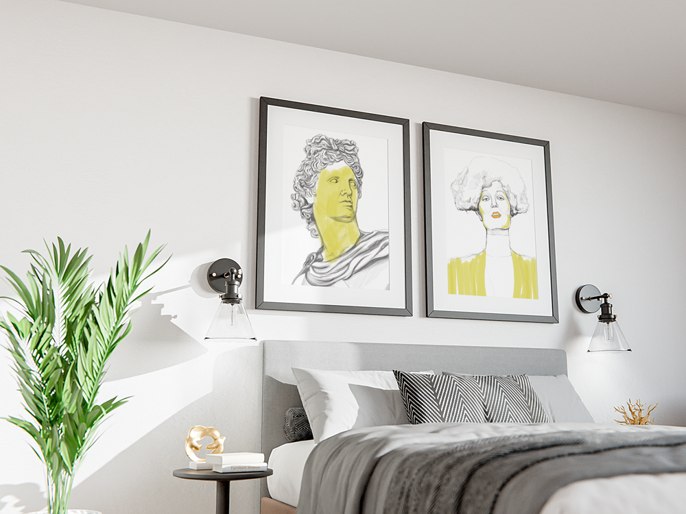 Sypialnia z autorskimi plakatami autorstwa Justyny Grodzkiej.