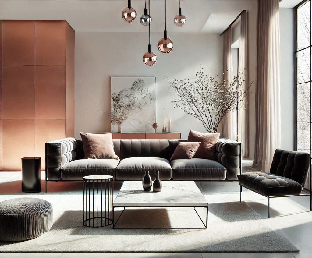 Nowoczesny salon z miedzią we wnętrzu.