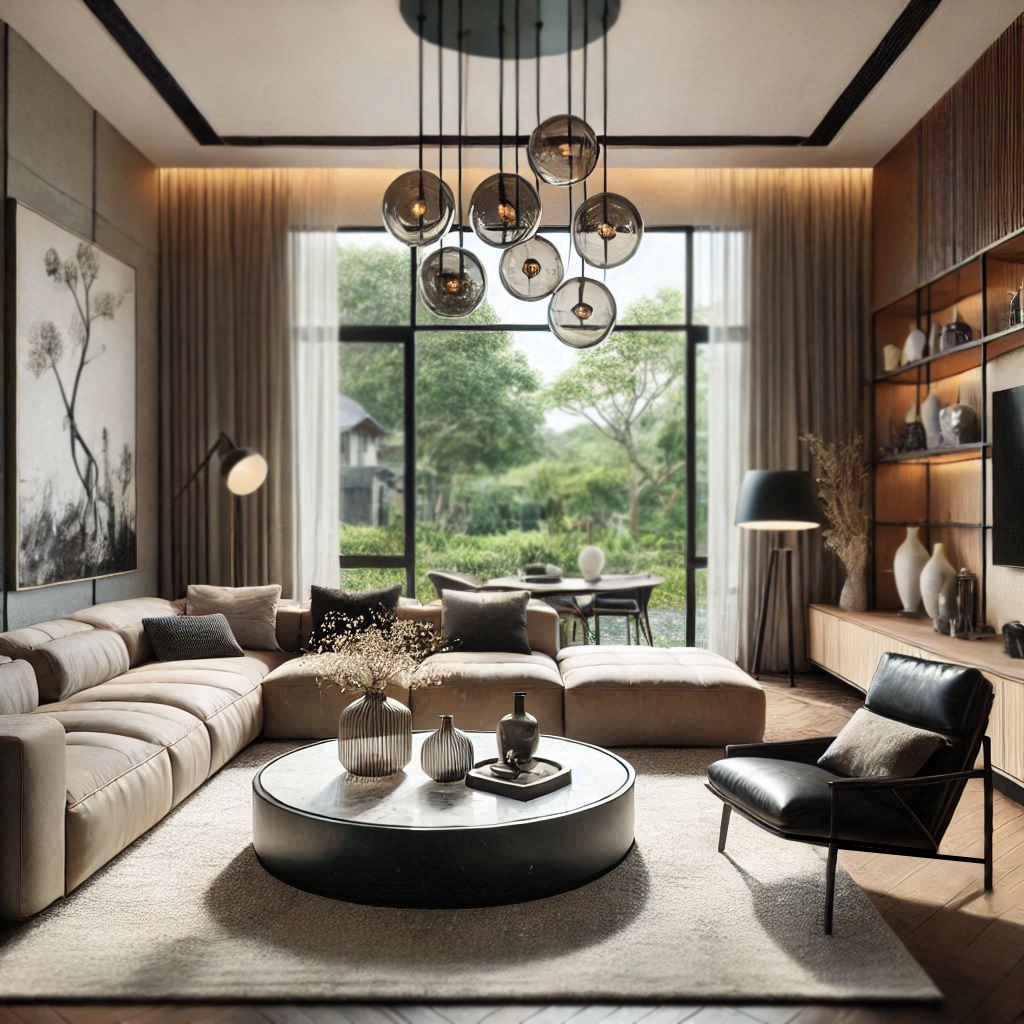 Fotorealistyczna wizualizacja nowoczesnego salonu w ciepłych kolorach ziemi z dużym oknem.