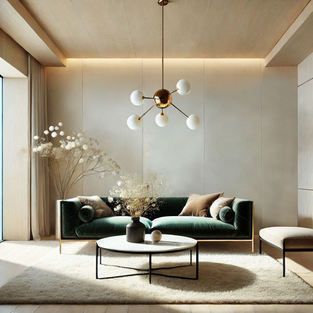 Salon w beżach i łagodnej tonacji z kontrastującą zieloną sofą. Fotorealistyczna wizualizacja 3D salonu.